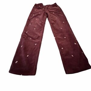 Forever 21 Burgundy Corduroy Boot Cut Pants with White Embroidery